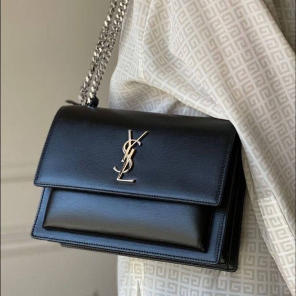 Saint Laurent Medium Sunset Bag – Black Leather with silver Hardware